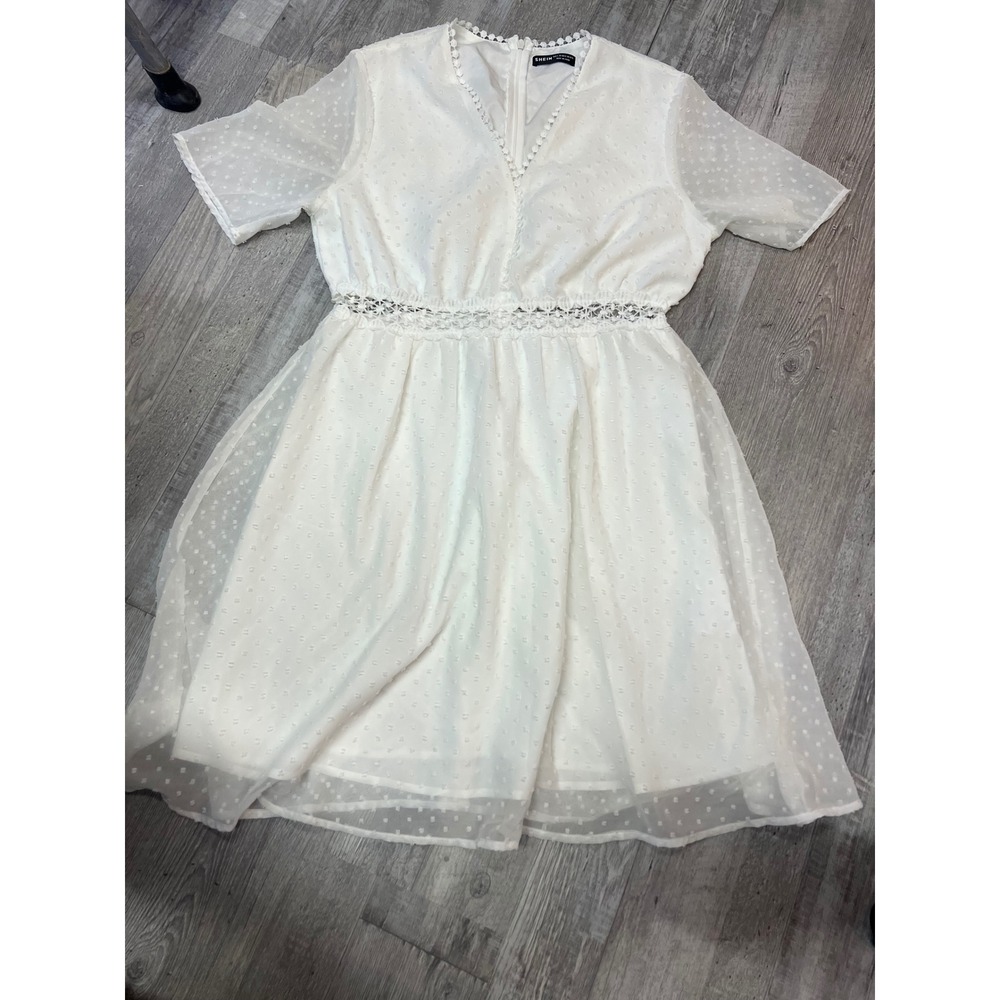 SHEIN White‎ Swiss Dot Mini Dress V-Neck Crochet Lace Trim Short Sleeve Size L